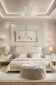 an elegant bedroom with white furniture and chandelier