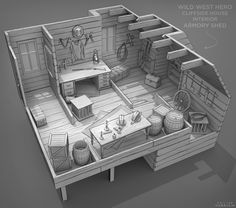 a drawing of a small house with lots of furniture and accessories on it's floor