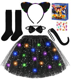 PRICES MAY VARY. Excellent Value Girls Costume Set: Cat costume for toddler dress up include 1 led three-layer tutu skirt, 1 led cat ear, 1 bow tie, 1 cat tail, 1 pair of socks, and 2 glow-in-the dark stickers. The matching look will effortlessly take your girl into a pretty dress up party Sparkling LED Tutu Skirt and LED Cat Ear: Skirts and headbands shimmering with rainbow lights adding a magical to child's look and making them stand out at any party. Three light modes: flash, slow and constan Light Up Tutu, Black Cat Costume, Costume For Girls, Cat Costume, Halloween Costumes For Girls, Tutu Skirt, Led Light, Light Up, Black Cat