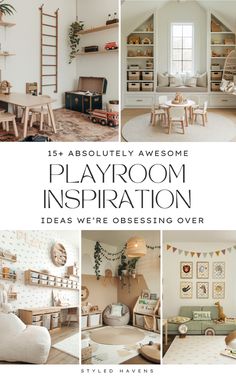 a collage of photos with the words playroom inspiration on it, including furniture and decor