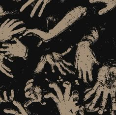 several hands reaching out to each other in front of a black and white background with brown ink