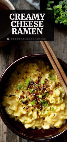 creamy cheese ramen in a brown bowl with chopsticks on the side and green onions