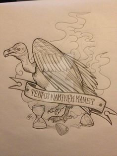 a drawing of an eagle with a banner around its neck and the words tempus naminien hanet on it