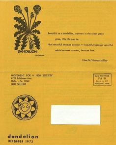 a yellow envelope with an image of flowers on the front and bottom, which reads dandelion