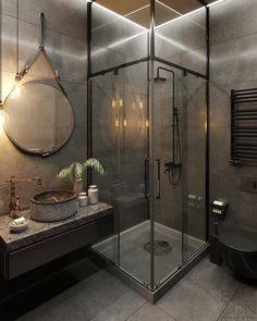 a bathroom with a walk in shower next to a sink and mirror on the wall