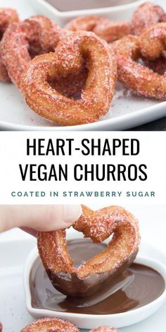 heart shaped vegan churros are coated in strawberry sugar and then dipped with chocolate