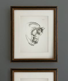 two black and white pictures hanging on the wall next to each other, one with a horse's head