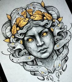 a drawing of a woman's face with yellow eyes and snakes around her head