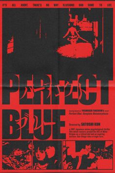 the poster for perfect blue is shown in red and black, with an image of a man