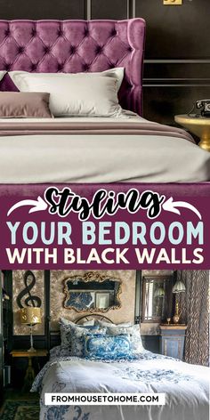 styling your bedroom with black walls Black Bed Feminine, Black Bedroom Walls, Purple And Black Gothic Bedroom, Black Damask Wallpaper Bedroom, Black Royal Bed, Yellow Headboard, Black Bedroom Ideas, Black Room Decor