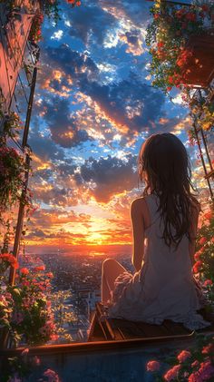 a woman sitting on top of a window sill watching the sun set over a city