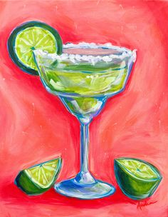 an acrylic painting of a margarita cocktail with limes and whipped cream on the rim