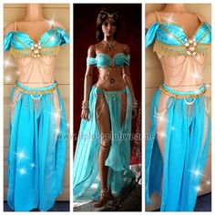 two pictures of a woman wearing a blue belly dance costume and headpiece with gold chains