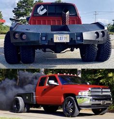 there are two pictures of the same truck and one is red with black wheels on it