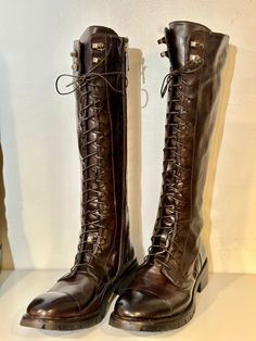 Leather Wide Calf Knee-high Lace-up Boots, Tall Italian Leather Boots, Luxury Leather Lace-up Moto Boots, Luxury Leather-lined Moto Boots, Luxury Leather Moto Boots With Front Lace-up Fastening, Cognac Boots, Everyday Pants, Boots High, Designer Jeans