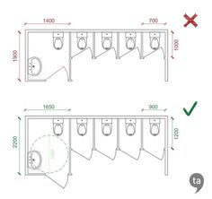 a drawing of a bathroom with two toilets and three stalls