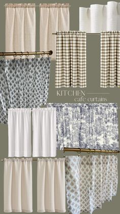 kitchen curtains and valances are shown in different styles, colors, and patterns