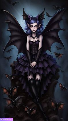 a gothic fairy sitting on top of a pile of bats