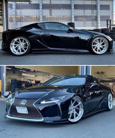 two different views of a black car in front of a garage