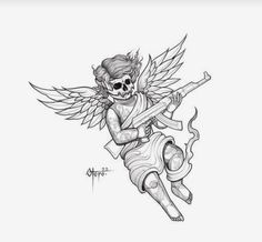 a drawing of an angel with a guitar in it's hand and wings on its back