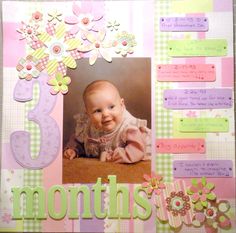 a scrapbook page with an image of a baby's first year photo and flowers