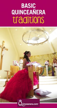 a woman in a red dress sitting at a alter with the words basic quinceauera