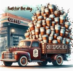 an old truck is loaded with coffee cups