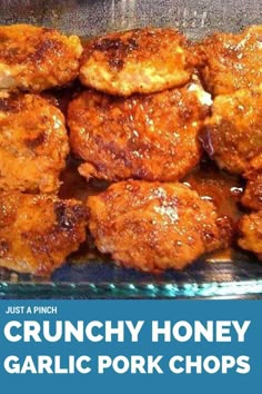 crunchy honey garlic pork chops in a glass baking dish with text overlay