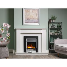 a living room with a fire place next to a chair and bookcase on the wall