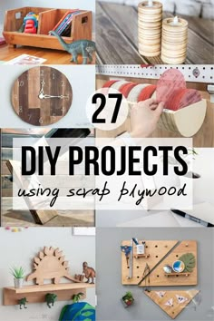 wooden projects with text overlay that reads 27 diy projects using scrap wood