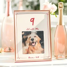 a bottle of champagne next to a photo frame with a golden retriever on it