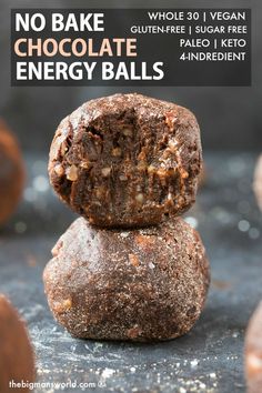 no bake chocolate energy balls stacked on top of each other with text overlay