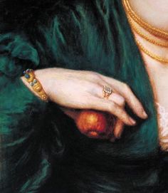 a painting of a woman holding an apple in her right hand and wearing a green coat