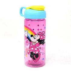 a pink minnie mouse water bottle with a blue lid and yellow straw sticking out of it