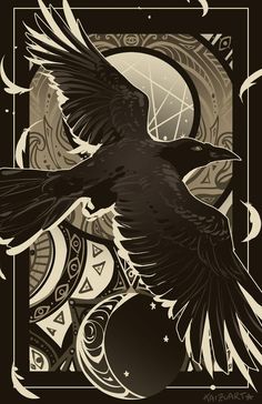 a black bird flying through the air next to a full moon and ornate design on a black background