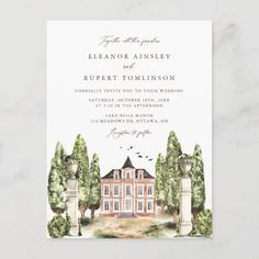 a wedding card with an image of a house and trees on the front, in watercolor