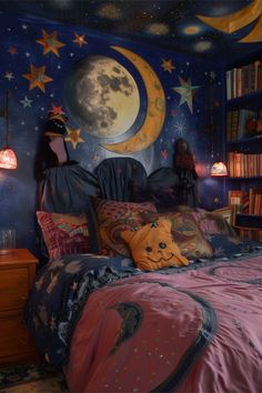 a bed room with a neatly made bed and a night sky mural on the wall