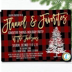 a red and black plaid christmas party card with a pine tree on the front, in gold foil lettering