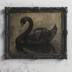 a painting of a black swan floating on top of a body of water next to a wall