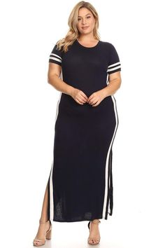 PRICES MAY VARY. Look awesome while feeling good no matter if you are super tall or adorably petite; if you're a tomboy or ultra-fem kind of woman. Our athletic-striped short sleeve maxi dress is a fun, flirtatious garment that skims your curves. This quality garment at a cheap cost comes in a wide range of colors: black, burgundy, navy, hunter green, charcoal, pink, and mustard yellow. It stretches as you move, and the mid-thigh double side slits allow for increased range of movement. This dres T Shirt Maxi Dress, Shirt Maxi Dress, Pink And Mustard, Thick Tights, Plus Size Looks, Short Sleeve Maxi Dress, Short Sleeve Maxi Dresses, Plus Size T Shirt, Striped Maxi