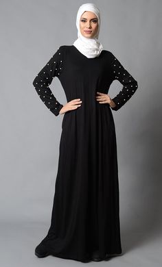 Pearl Embellished Sleeves Casual Abaya Dress Muslimah Abaya, Pearl Sleeves, Casual Abaya, Abaya Dress, Modest Wear, Viscose Rayon, Embroidered Jacket, Womens Tunics, Xl Dress