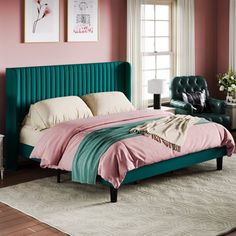 a bedroom with pink walls and green headboard