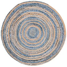 a round rug with blue and tan colors on it, in the shape of a circle