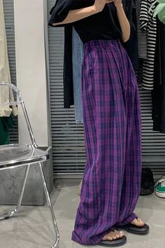 High Waist Long Casual Purple Plaid Pants – Nada Outfit Land Plaid Wide Leg Pants, Wide Leg Pants Women, Plaid Decor, Casual Bottoms, Purple Plaid, Mini Dresses For Women, Vintage Plaid, Plaid Pants, Casual Trousers