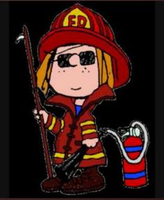 a cartoon fireman holding a hose and wearing a red hat with sunglasses on his head