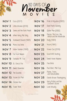 the 30 days of november movies list is shown in black and white with orange leaves