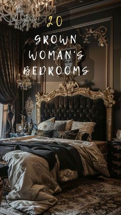 a bed room with a chandelier a window and a large bed in it