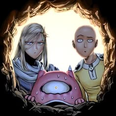 two anime characters are standing in front of a round hole with the light shining on them