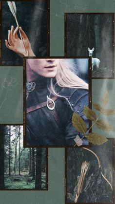 a collage of photos with leaves and an arrow in the middle one has a woman's face on it