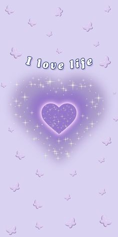 a purple heart with the words i love life written on it and birds flying around